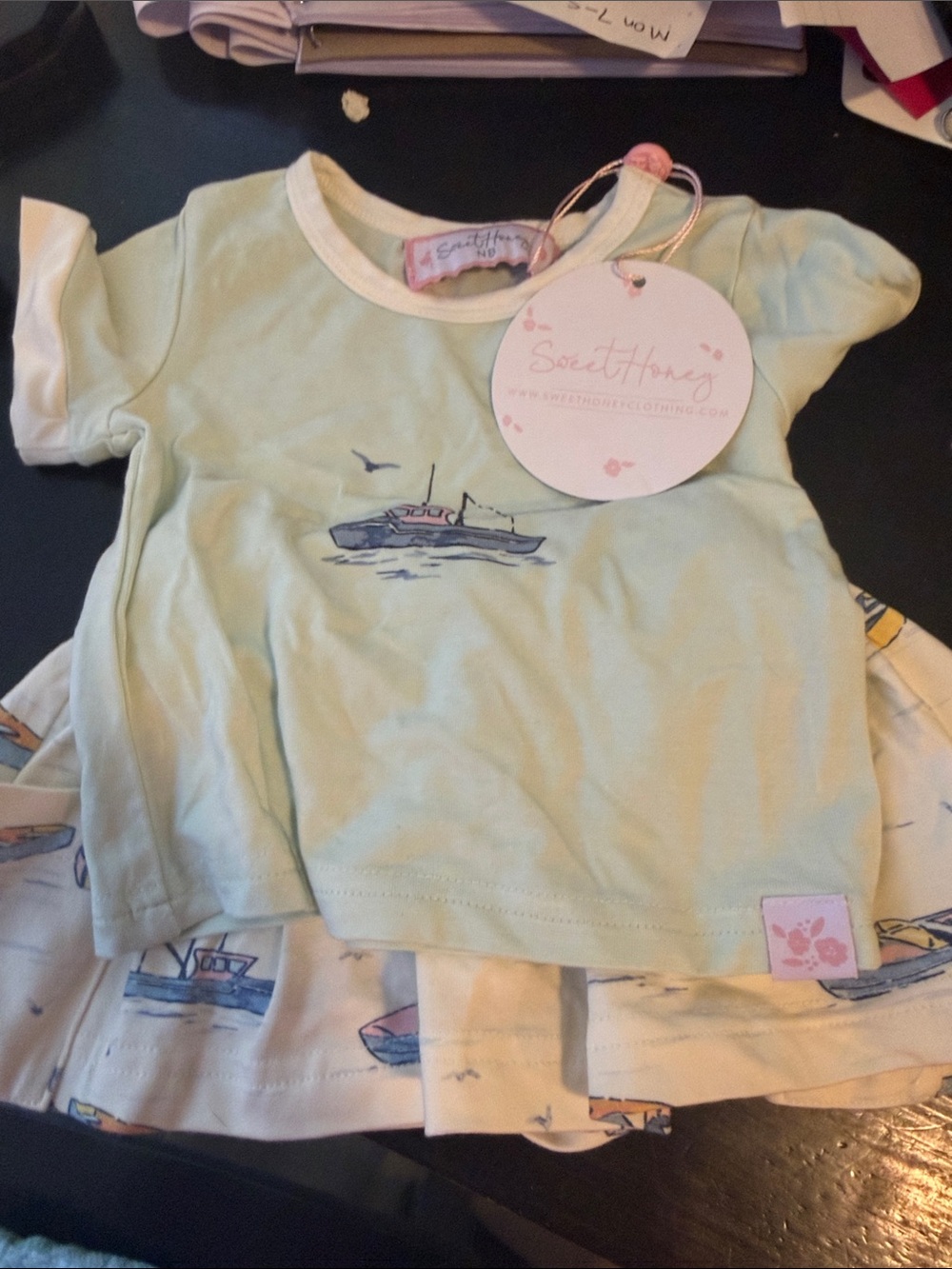 SweetHoney Light Green Girls' Boat Print Short Sleeve Top with matching skirt nb